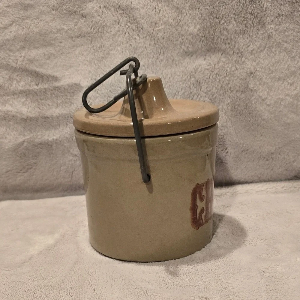 Vintage Stoneware Cheese Crock with Metal Bale Handle Tan Glazed Pottery Lid 5.5